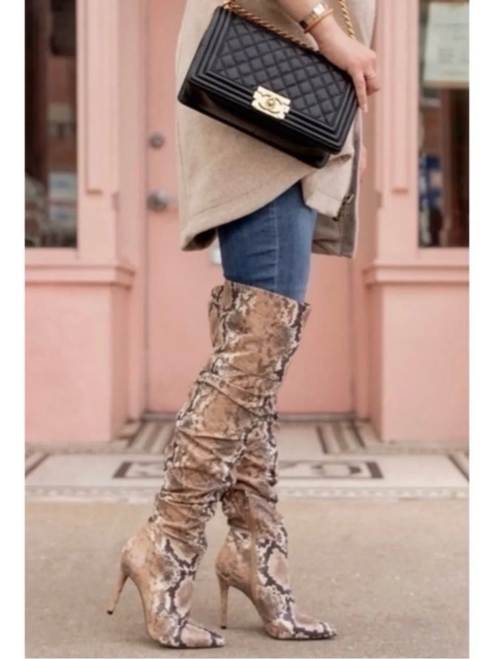 Snake-Print Over-the-Knee Stiletto Boots - Beige/Black